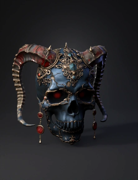 ornate horned skull with metal filigree and red gems blue skull gold