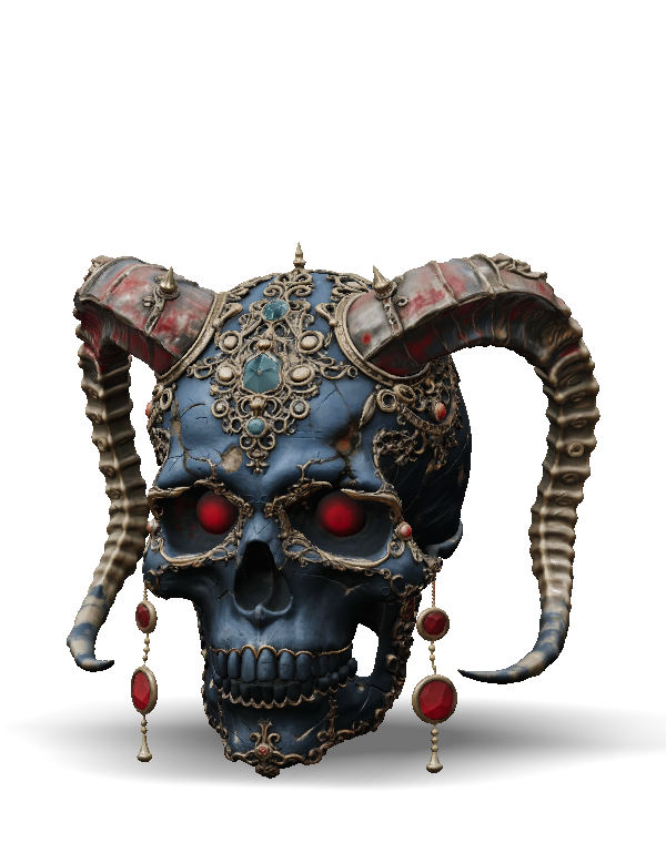 ornate horned skull with metal filigree and red gems blue skull gold