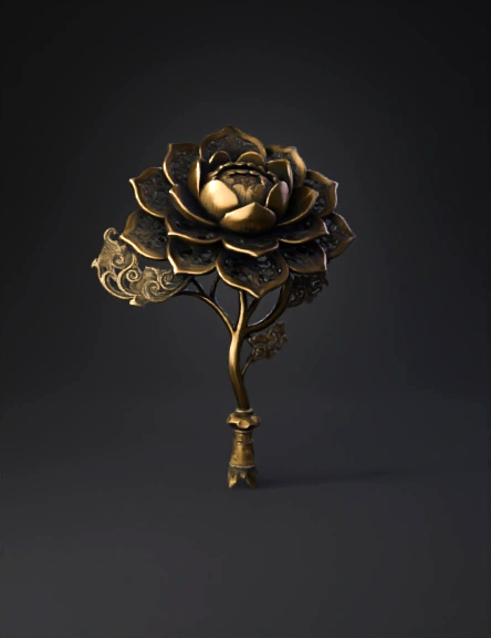ornate brass lotus flower brooch with intricate filigree petals and gr