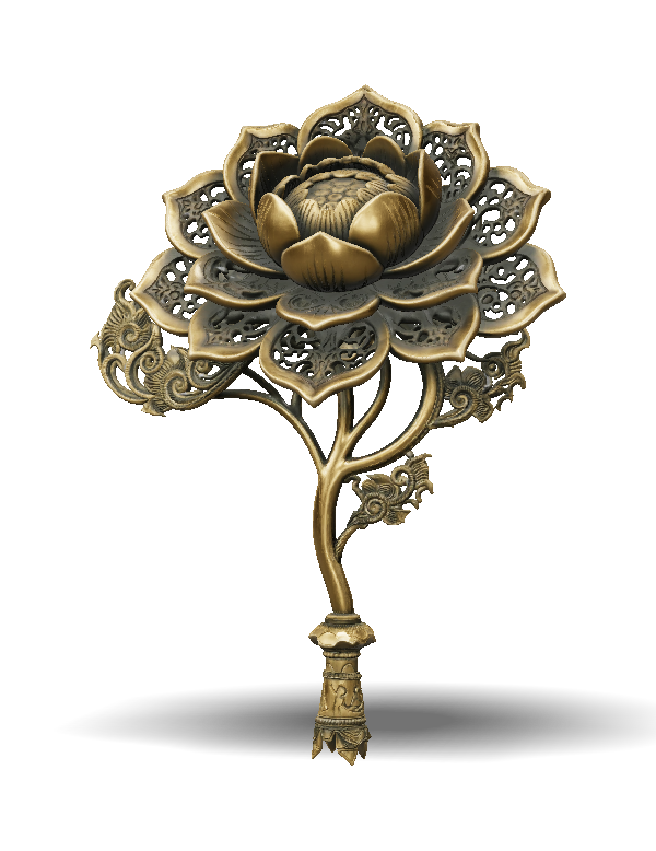 ornate brass lotus flower brooch with intricate filigree petals and gr