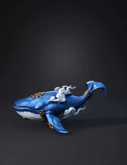 blue fantasy whale with ornate gold filigree armor and cloud accents
