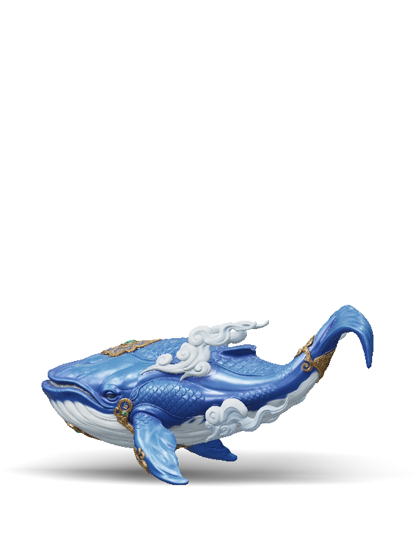 blue fantasy whale with ornate gold filigree armor and cloud accents