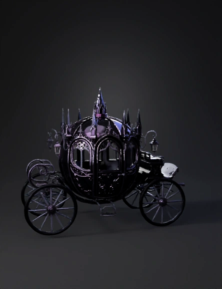 purple ornate horse drawn carriage with Gothic detailing and stained g
