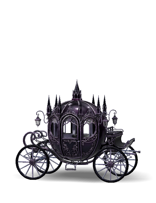 purple ornate horse drawn carriage with Gothic detailing and stained g