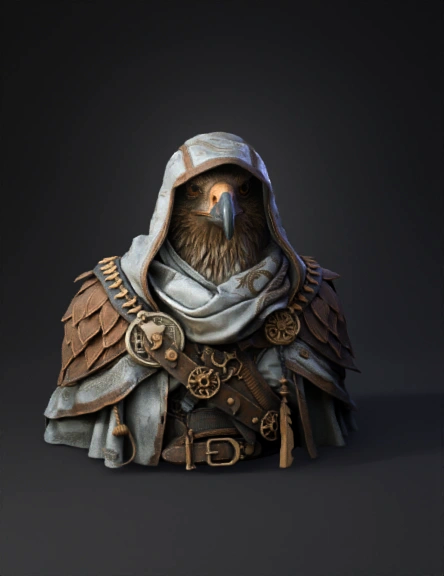 anthropomorphic eagle warrior in layered plate armor and hooded cloak