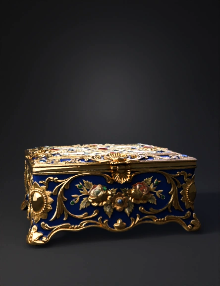 ornate blue and gold jewelry box with floral enamel gem inlays and i
