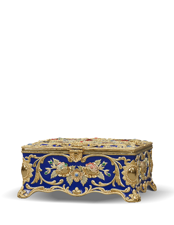ornate blue and gold jewelry box with floral enamel gem inlays and i