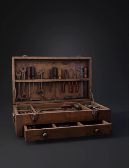 wooden tool box filled with wrenches pliers screws and hardware we