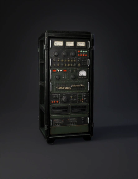 vintage rack mounted electronic equipment with analog meters and switc