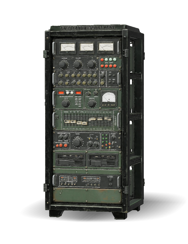 vintage rack mounted electronic equipment with analog meters and switc