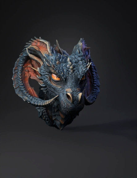 Dragon head with detailed scales and horns blue tones with orange eye