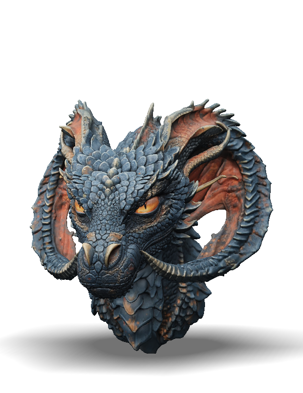Dragon head with detailed scales and horns blue tones with orange eye