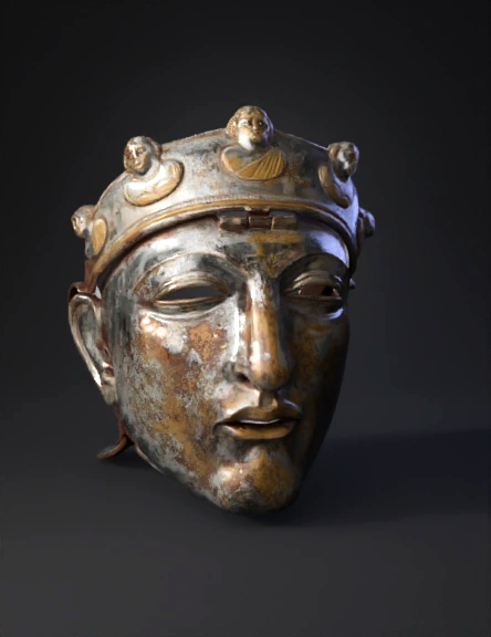 metal sculpture with patina and gold accents abstract humanoid form
