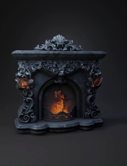 ornate stone fireplace with carved scrollwork glowing fire dark gray