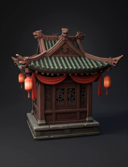 ornate Chinese pavilion with green tiled roof red lanterns carved wo