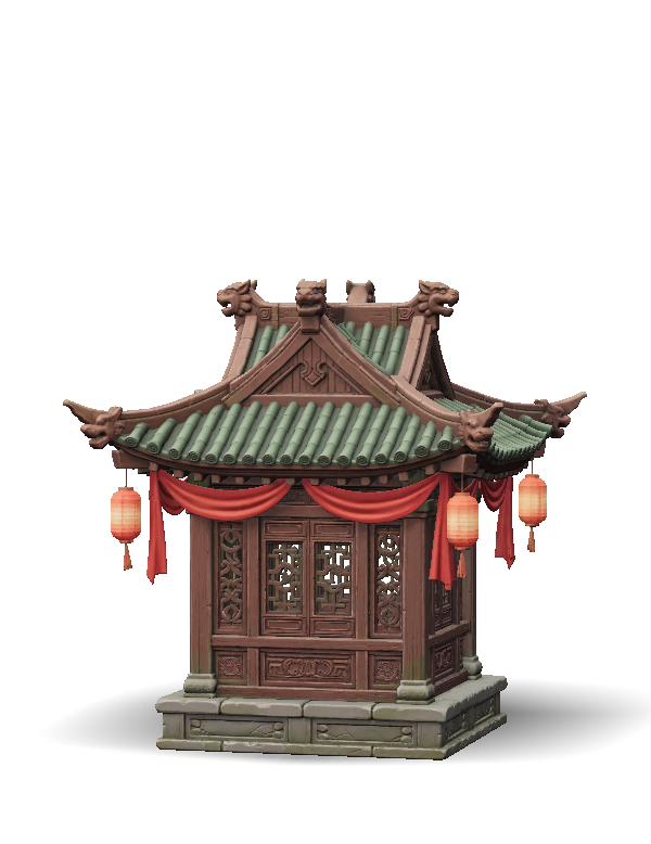 ornate Chinese pavilion with green tiled roof red lanterns carved wo