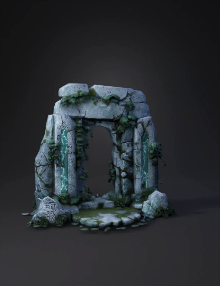 stone arch ruin with glowing neon veins overgrown vines and moss sto