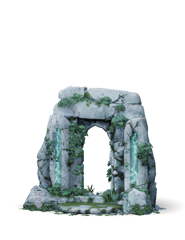 stone arch ruin with glowing neon veins overgrown vines and moss sto