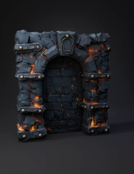 lava lit stone archway with glowing fissures and iron braces